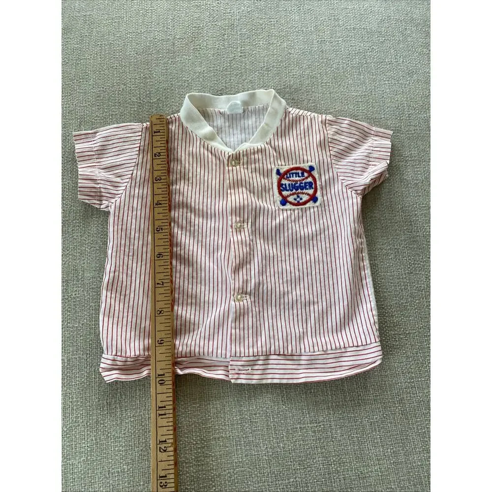 Vintage 1960's Little Slugger Button Shirt White Red Baseball 6-12mths